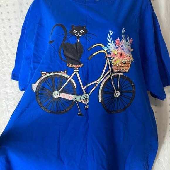Black Cat On Bike Fruit Of The Loom T-Shirt Women’s Blue Size X-Large - Picture 4 of 5